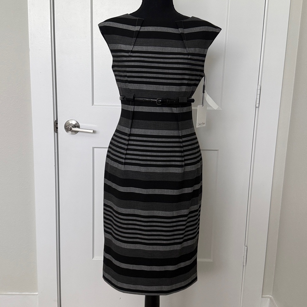 Calvin Klein Black and charcoal Striped Dress NWT